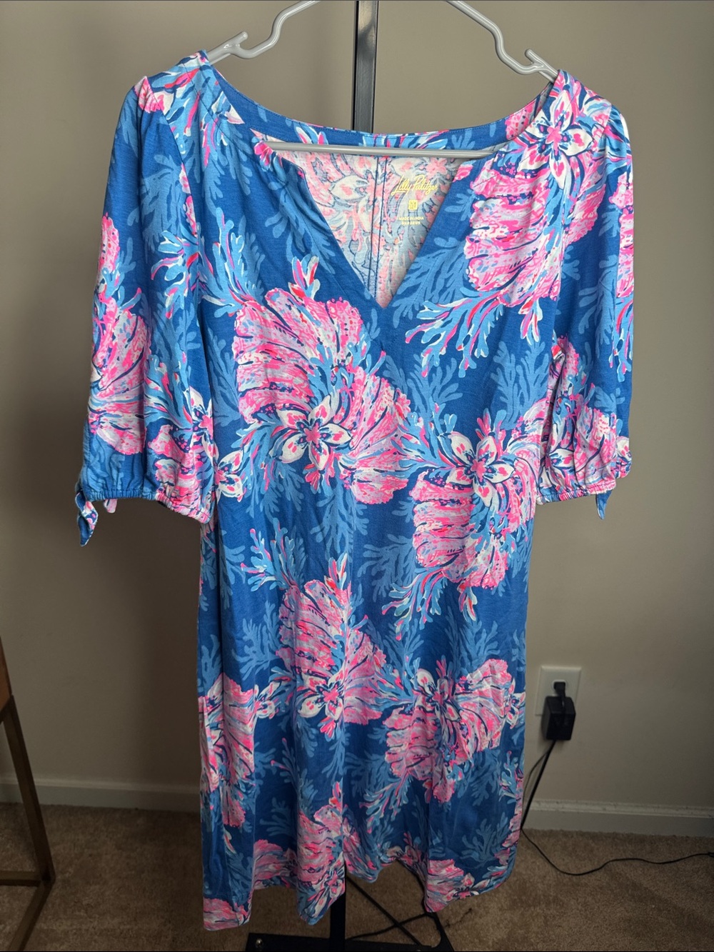 Lilly Pulitzer Blue Midi Dress with Pink Floral Print